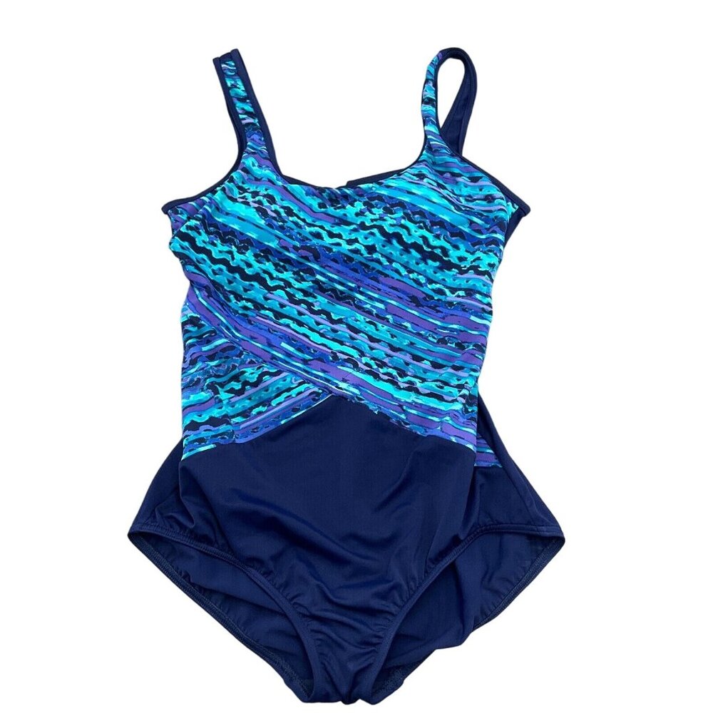 Lands End‎ 1pc Swimsuit Women 10 blue Purple Pad Bra Wide Strap Asymmetric Tank